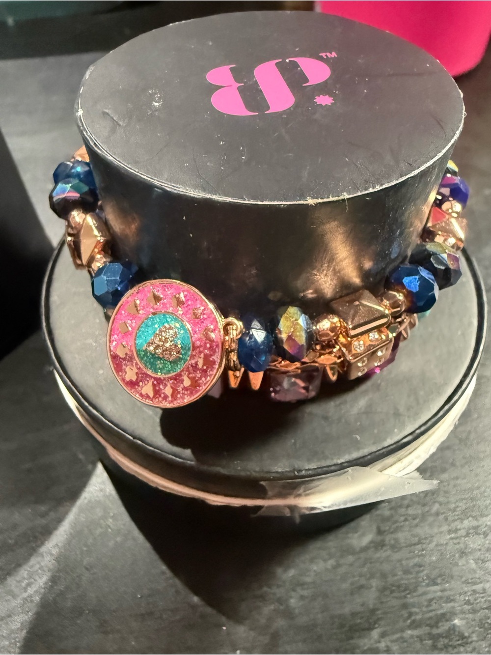 Stackable Pink & Blue Beaded Charm Bracelet with Gold Accents